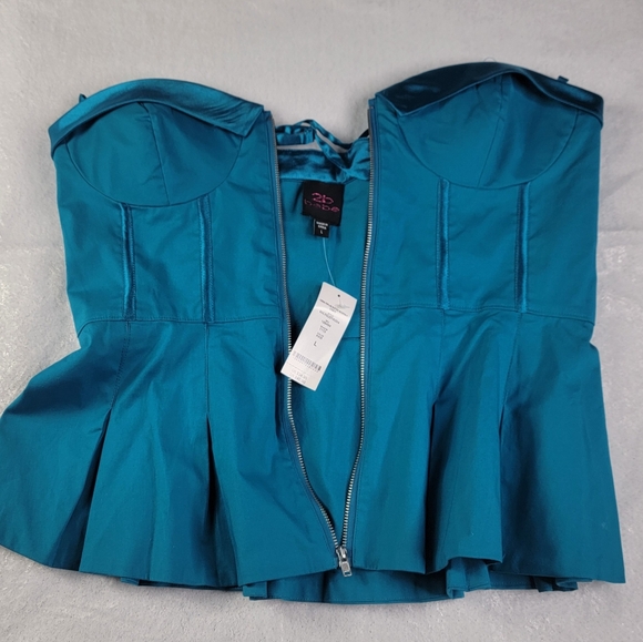 2b Bebe Ceena Peplum Bustier Couture Corset Top Front Zip Up Blue Turquoise NWT - Picture 7 of 7